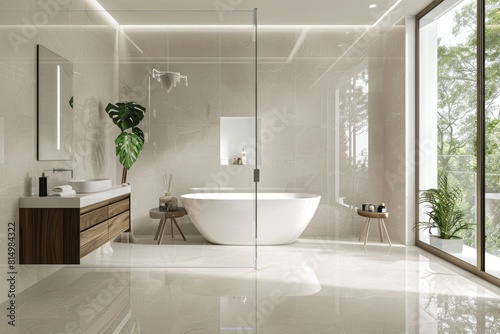 Interior design with bathtub  window  and plant near curtain