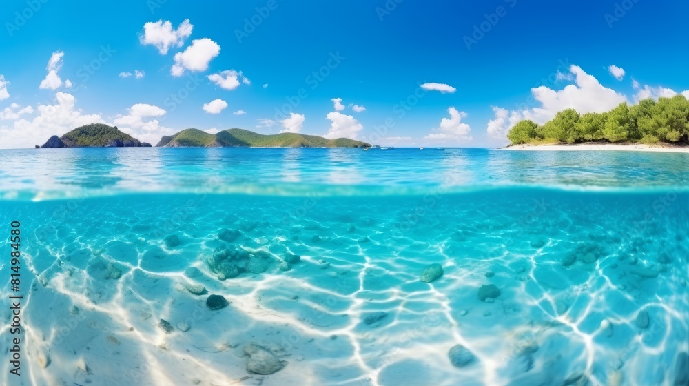 Obraz premium Beautiful tropical beach with blue sky and white clouds abstract texture background. Copy space of summer vacation and holiday business travel concept.