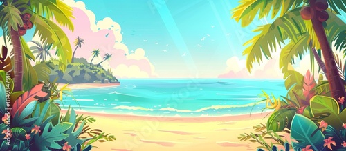 Banner with the image of sea, ocean, beach, palm trees, sun loungers. The idea of relaxation, summer trip, travel, vacation. Copy space for advertising. 