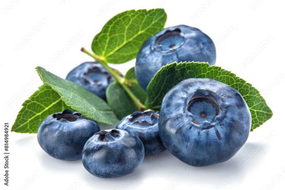 blueberries with green leaves on a white background.Isolate