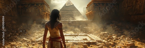 young woman uncovering a hidden chamber in an Egyptian pyramid