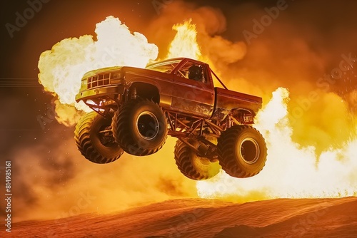 AI generated illustration of a Damaged Monster Truck jumping from an arena