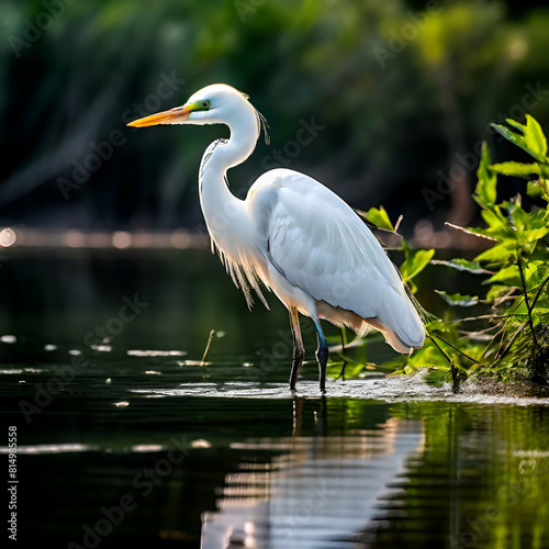 white heron great egret standing on the lake water bird in the nature habitat generate ai