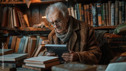 An old man is sitting in a library, reading a book. He is wearing a brown coat and a hat. The library is full of bookshelves and there is a warm light coming from the window.