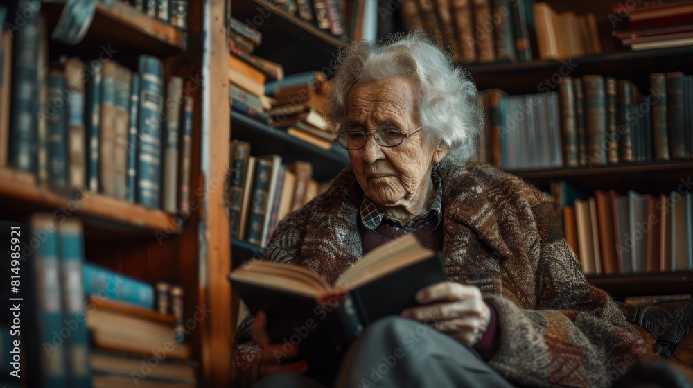 An elderly woman is sitting in a library, reading a book. She is wearing a fur coat and glasses. The library is full of bookshelves and there is a warm glow of light. An elderly woman is sitting in a library, reading a book. She is wearing a fur coat and glasses. The library is full of bookshelves and there is a warm glow of light.