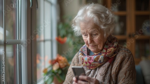 An elderly woman is sitting in a chair in her home, looking at her phone