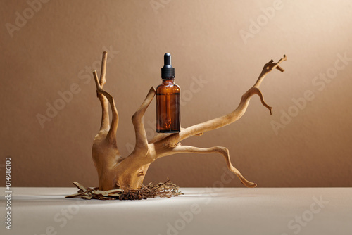 Cosmetic face serum bottle with a pipette on a dry branch photo