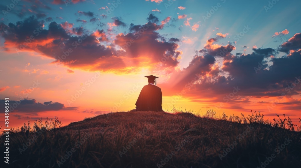 A lone graduate stands on a beach
