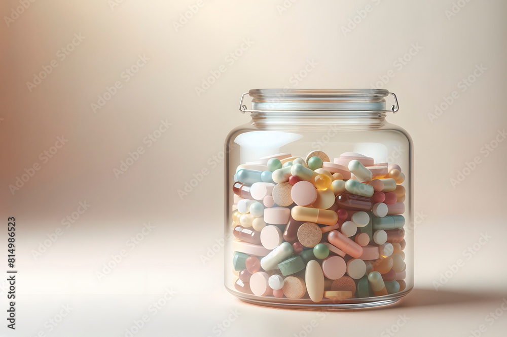 Spacious clear glass container holding an assortment of colorful health pills stands against a minimalist background designed for copyspace. Spacious clear glass container holding an assortment of colorful health pills stands against a minimalist background designed for copyspace.