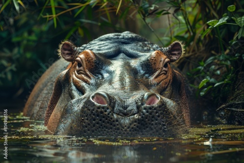 Hippo partially submerged in a dense jungle pond, its eyes and nostrils visible above the waterline. Concept of stealth and camouflage in the wild