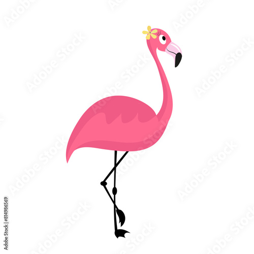 Cartoon pink flamingo bird.  Summer animal cute zoo character isolated on white background. Exotic fauna vector illustration. 