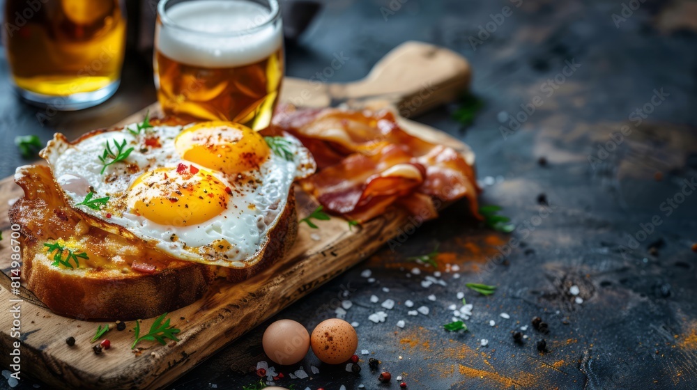 Welsh Rarebit with beers. bacon, eggs, front view. copy space for text Welsh Rarebit with beers. bacon, eggs, front view. copy space for text