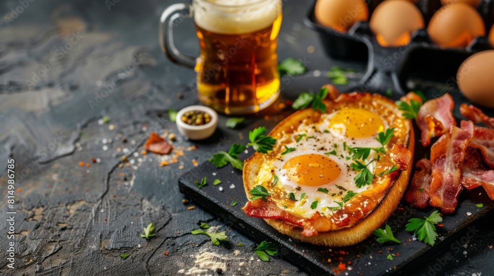 Welsh Rarebit with beers. bacon, eggs, front view. copy space for text Welsh Rarebit with beers. bacon, eggs, front view. copy space for text