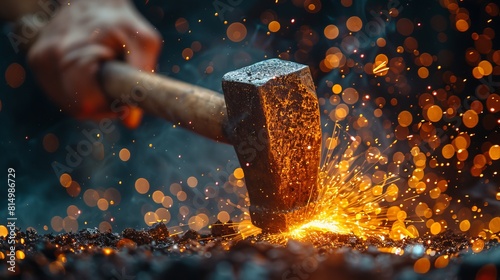 A man is shown hammering a nail, symbolizing threats, dangers, and power, with sparks flying from the forceful blow.
