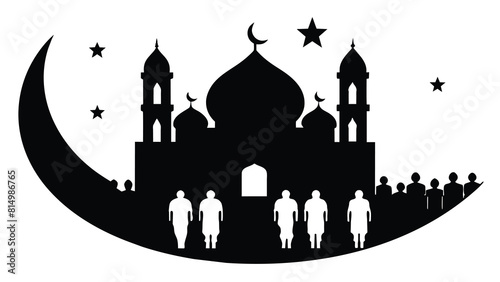 Mosque silhouette with crescent moon, stars, and Muslim worshippers, Islamic prayer scene