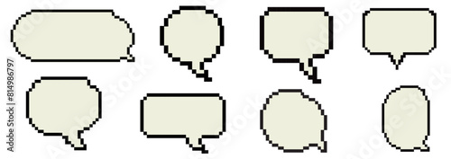 Pixel speech bubbles dialog box set in old computer style. Pixel-based 8-bit graphics of the 90s games. Vector illustration. Template for social networks, banners, stickers, collages.