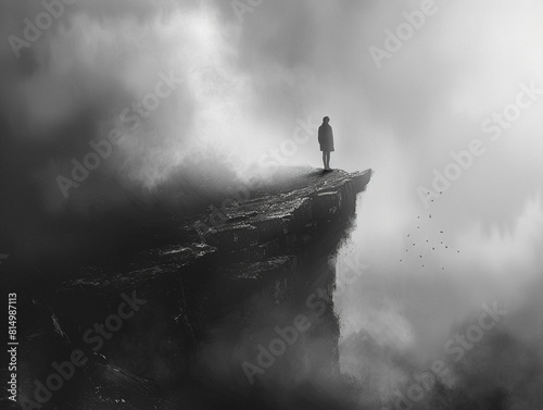 A dark figure stands on a cliff overlooking a foggy landscape.