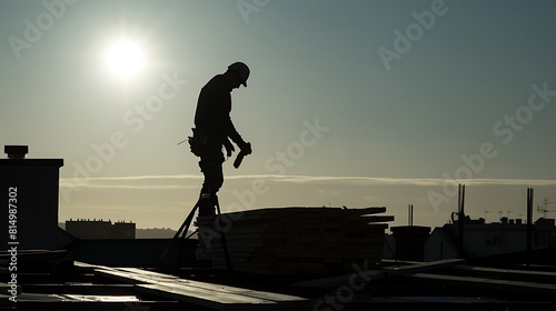 construction worker hard at work on a roof  surrounded by tools and materials as they labor tirelessly under the open sky