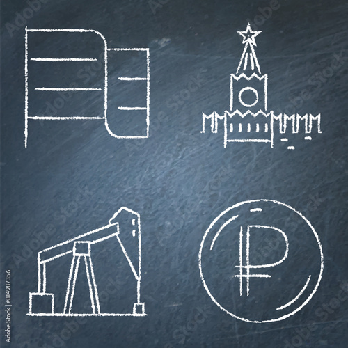 Russia symbols set on chalkboard. Russian flag, Kremlin tower, ruble coin and oil rig icons. Vector illustration.