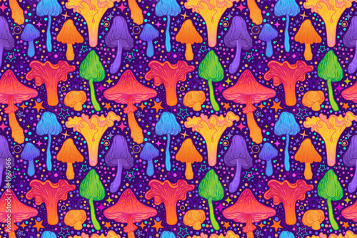 Magic mushrooms seamless pattern. Psychedelic hallucination. 60s hippie colorful art. Vintage psychedelic textile, fabric, wrapping paper, wallpaper. Vector repeating illustration.