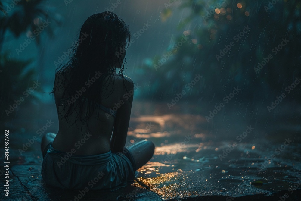 A woman sits on the ground in the rain.