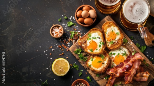 Welsh Rarebit with beers. bacon, eggs, front view. copy space for text