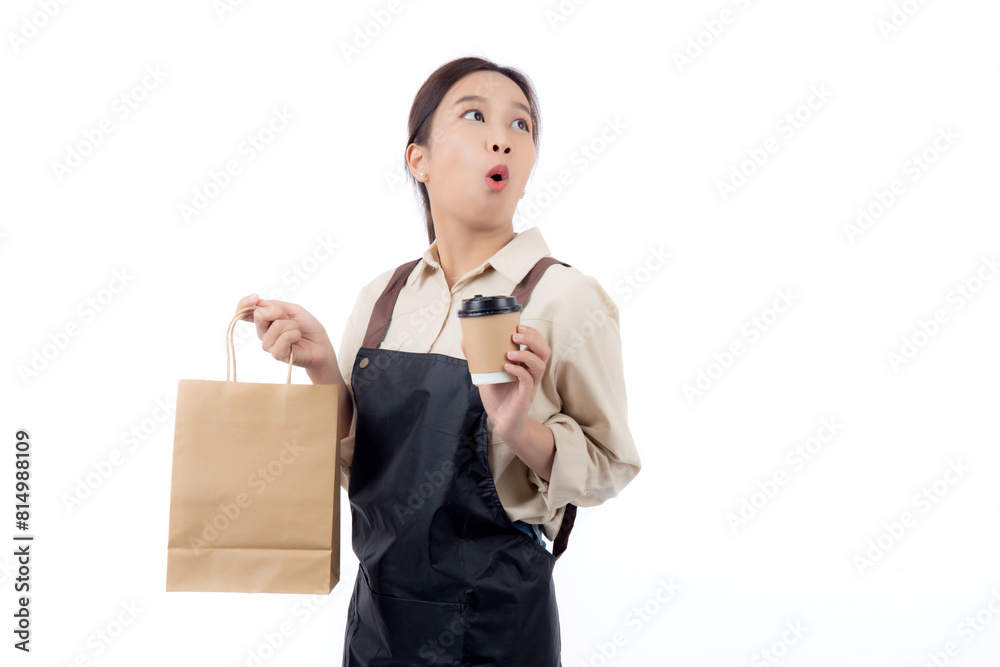 Young asian woman barista work attire happy holding a takeaway coffee cup and paper bag isolated white background, joyful barista presenting takeaway coffee with excited, small business or startup. Young asian woman barista work attire happy holding a takeaway coffee cup and paper bag isolated white background, joyful barista presenting takeaway coffee with excited, small business or startup.