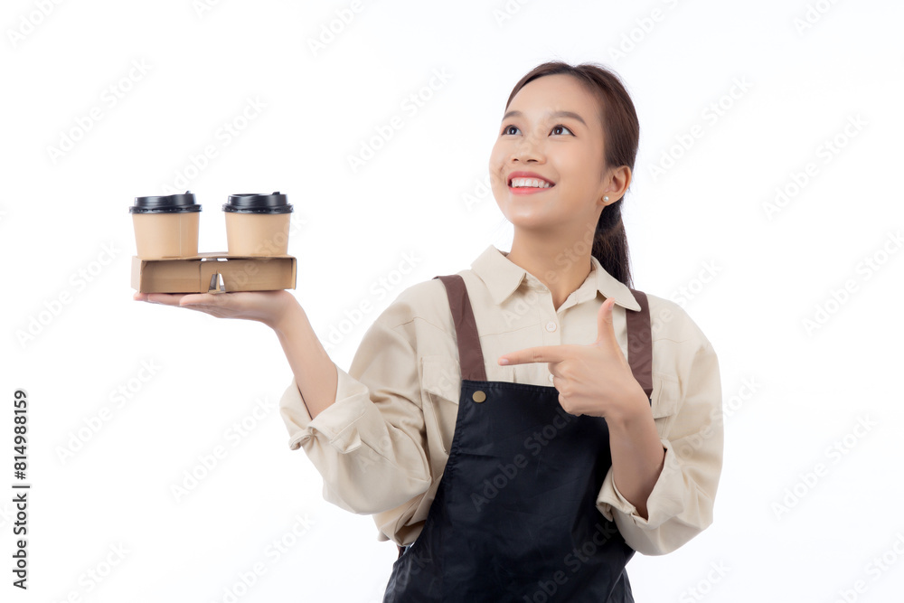 Portrait young asian barista woman wearing apron holding coffee cup and presenting isolated white background, waitress or entrepreneur cheerful and showing, small business or startup, waiter of cafe. Portrait young asian barista woman wearing apron holding coffee cup and presenting isolated white background, waitress or entrepreneur cheerful and showing, small business or startup, waiter of cafe.