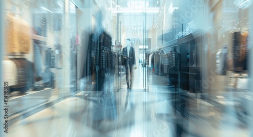 Blurred background of a luxury fashion store with a glass door and mannequin in blurred motion, depicting a shopping concept with a light color theme against a bright background.