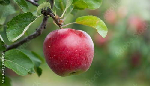 photo of a red ripe apple hanging on a tree branch