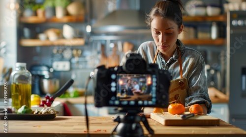 Woman filming a cooking vlog photo