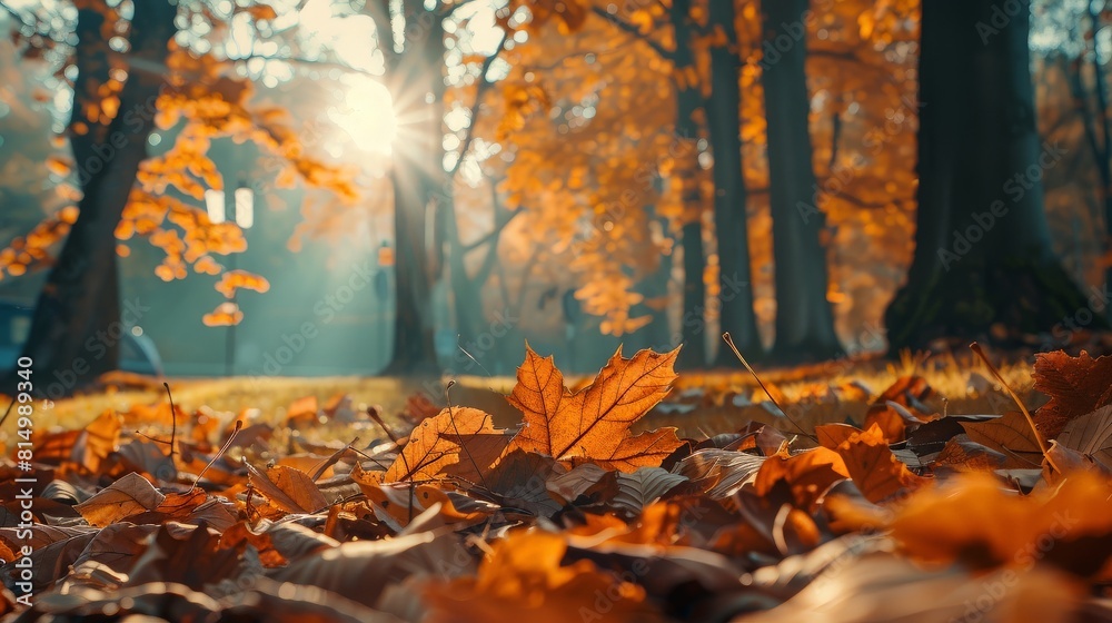orange fall leaves in park, sunny autumn natural background. generative ai