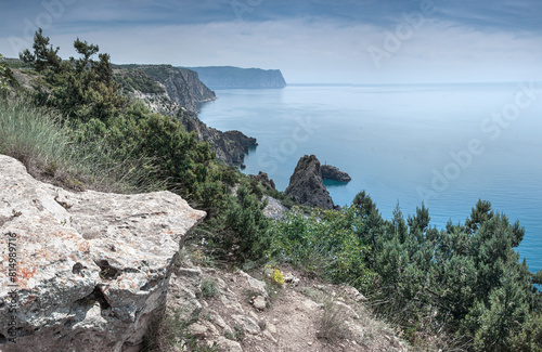 Seascape . Panoramic view of the sea coast of the Black Sea in the area of Cape Fiolent. Hiking trail at Cape Fiolent.  Hiking trails on Cape Fiolent photo