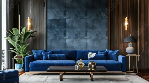 Interior of living room with blue sofa 3d rendering background,