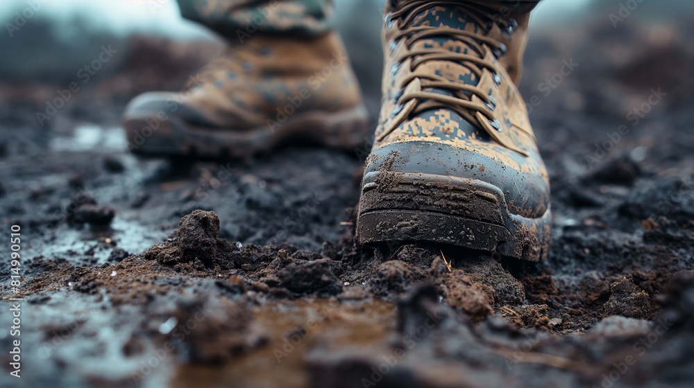 A pair of military boots trudging through thick mud A pair of military boots trudging through thick mud