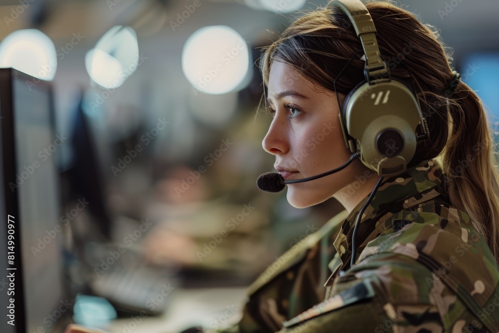 A military woman seamlessly transitions to a call center environment, demonstrating professionalism and adaptability
A military woman seamlessly transitions to a call center environment, demonstrating professionalism and adaptability