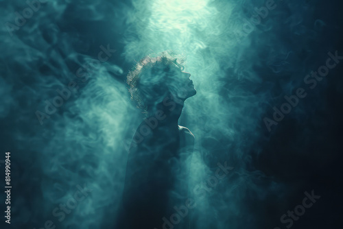 Dark background with a spotlight beam cutting through fog, focusing on an abstract, energetic figure representing a rock star,