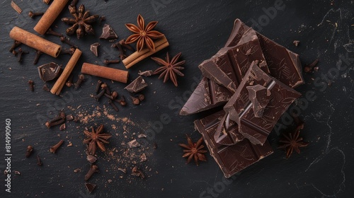 Pieces of chocolate, cinnamon on a dark grey table. July 11 is the day of chocolate. generative ai