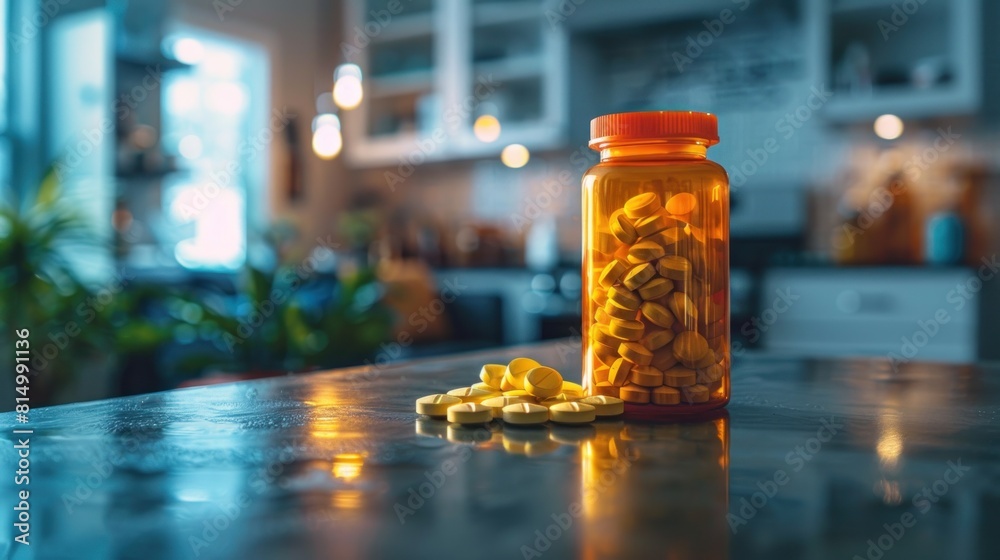 A prescription pill bottle filled with medication capsules spills out on a wooden table with a moody cafe background. Generative AI