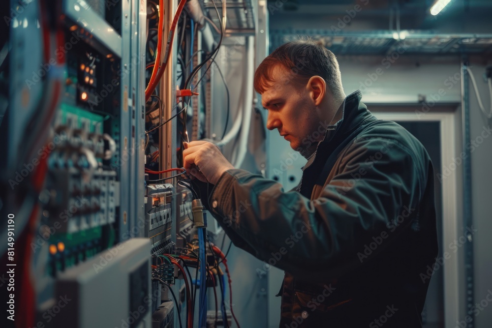 Close-Up of Electrician Repairing Wiring in Switchboard,technician working on servers data center environment. Generative AI Close-Up of Electrician Repairing Wiring in Switchboard,technician working on servers data center environment. Generative AI