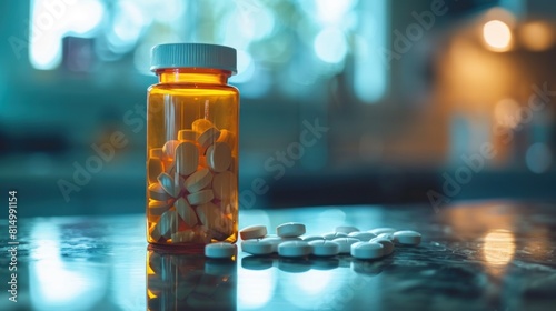 A prescription pill bottle filled with medication capsules spills out on a wooden table with a moody cafe background. Generative AI