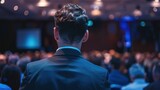 Rear view of a male speaker facing a large audience in an auditorium during a professional conference or seminar Generative AI