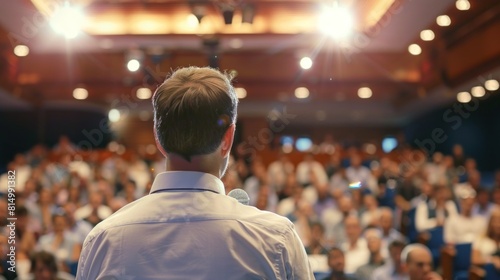 Rear view of a male speaker facing a large audience in an auditorium during a professional conference or seminar Generative AI