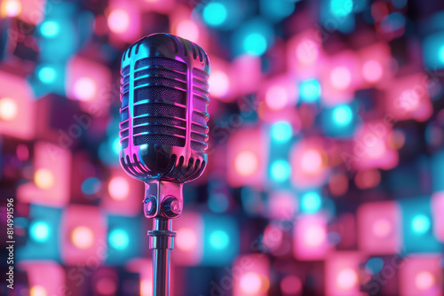 Dynamic background with neon pink and electric blue blocks  interspersed with abstract silhouettes of microphones 