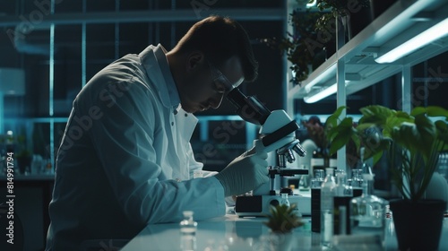 Researcher in a protective mask working in a laboratory of a research institute. Creation of innovative medicines and vaccines. Generative AI