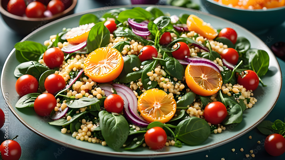 Vegetable Millet salad with red onion, cherry tomatoes, spinach, tangerine and clementine dressing. healthy food Vegetable Millet salad with red onion, cherry tomatoes, spinach, tangerine and clementine dressing. healthy food