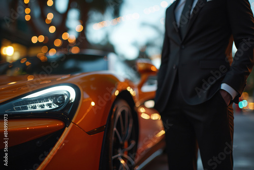 A rich guy in formal business suit which is standing in front of a supercar, successful businessman concept. © Nattawit