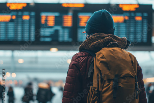 A backpacker with backpack in winter cloth uniform is standing in front of the flight boarding time schedule display at the airport. People travel scene concept. photo