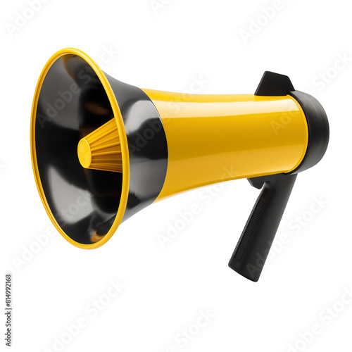 A black and yellow megaphone is shown in a white background