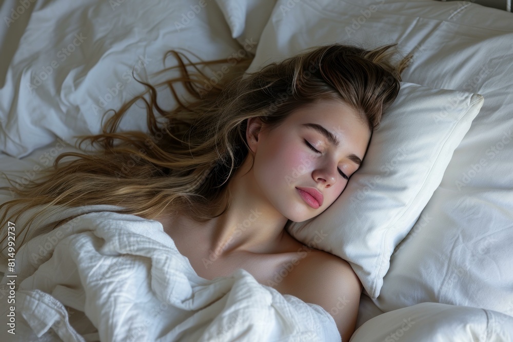 Tranquil image of a young female resting with her hair spread on the pillow, showcasing a serene sleep Tranquil image of a young female resting with her hair spread on the pillow, showcasing a serene sleep